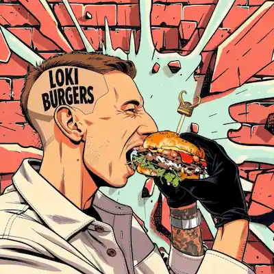 Loki Burgers – Loki over a table full of food